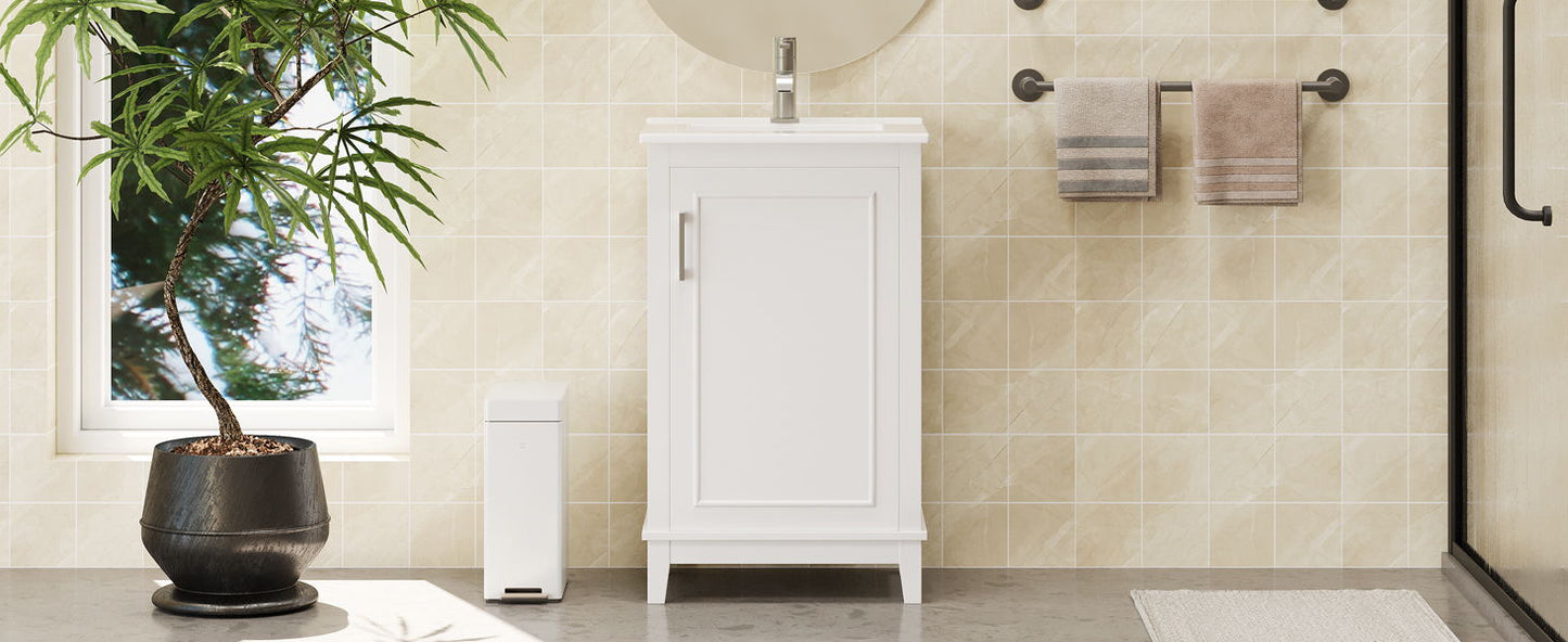 Modern Small Bathroom Vanity Cabinet With Ceramic Basin, Ample Storage, 1 Soft-Close Door - White