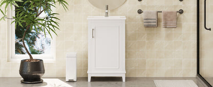 Modern Small Bathroom Vanity Cabinet With Ceramic Basin, Ample Storage, 1 Soft-Close Door - White