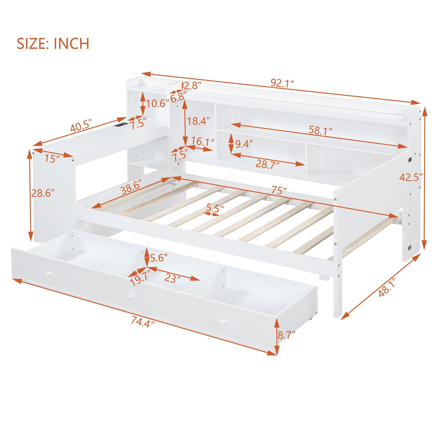 Twin Size Daybed With 3 Drawers USB Ports And Desk - White