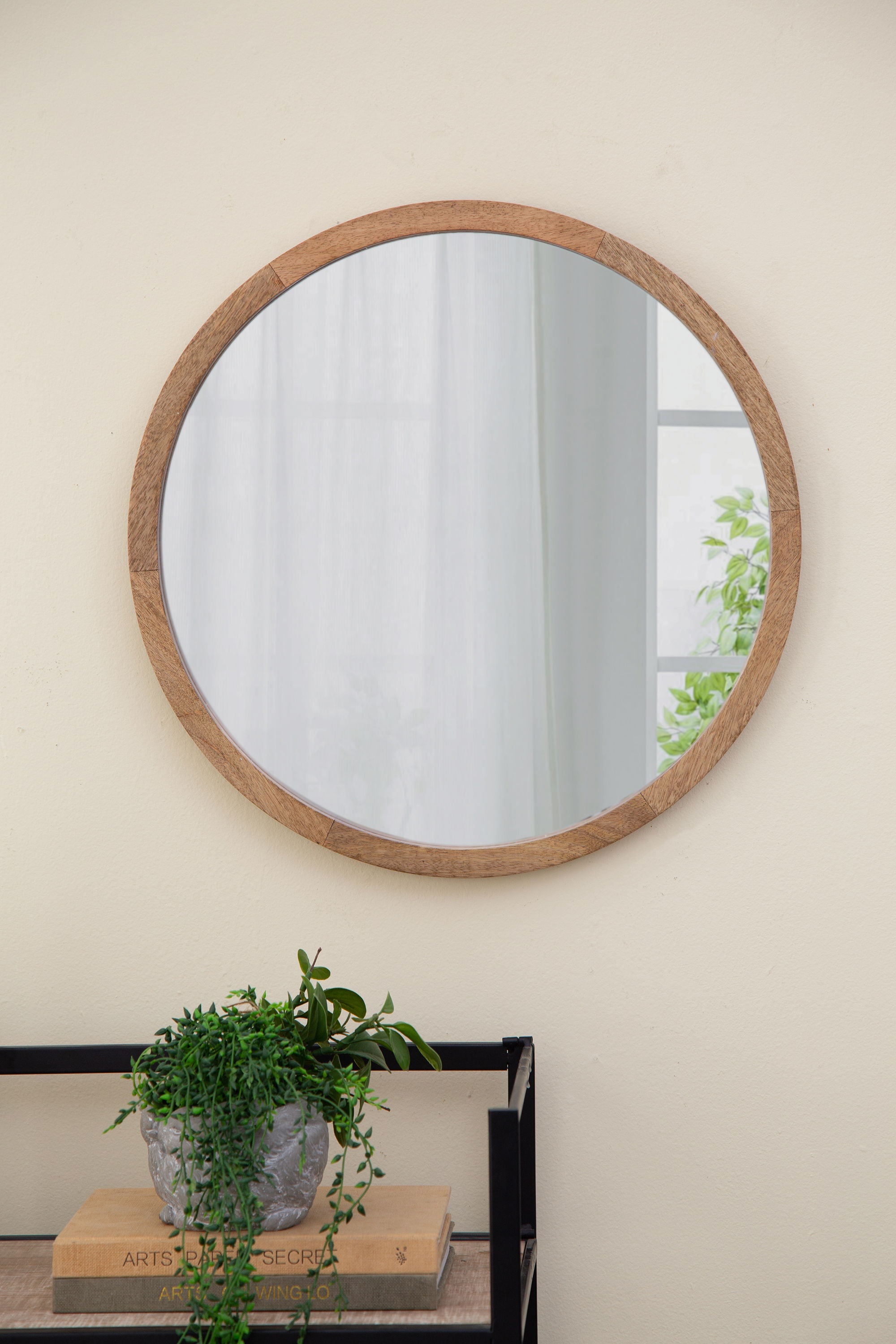 Circle Wall Mirror With Wooden Frame, Wall Mirror For Living Room - Brown