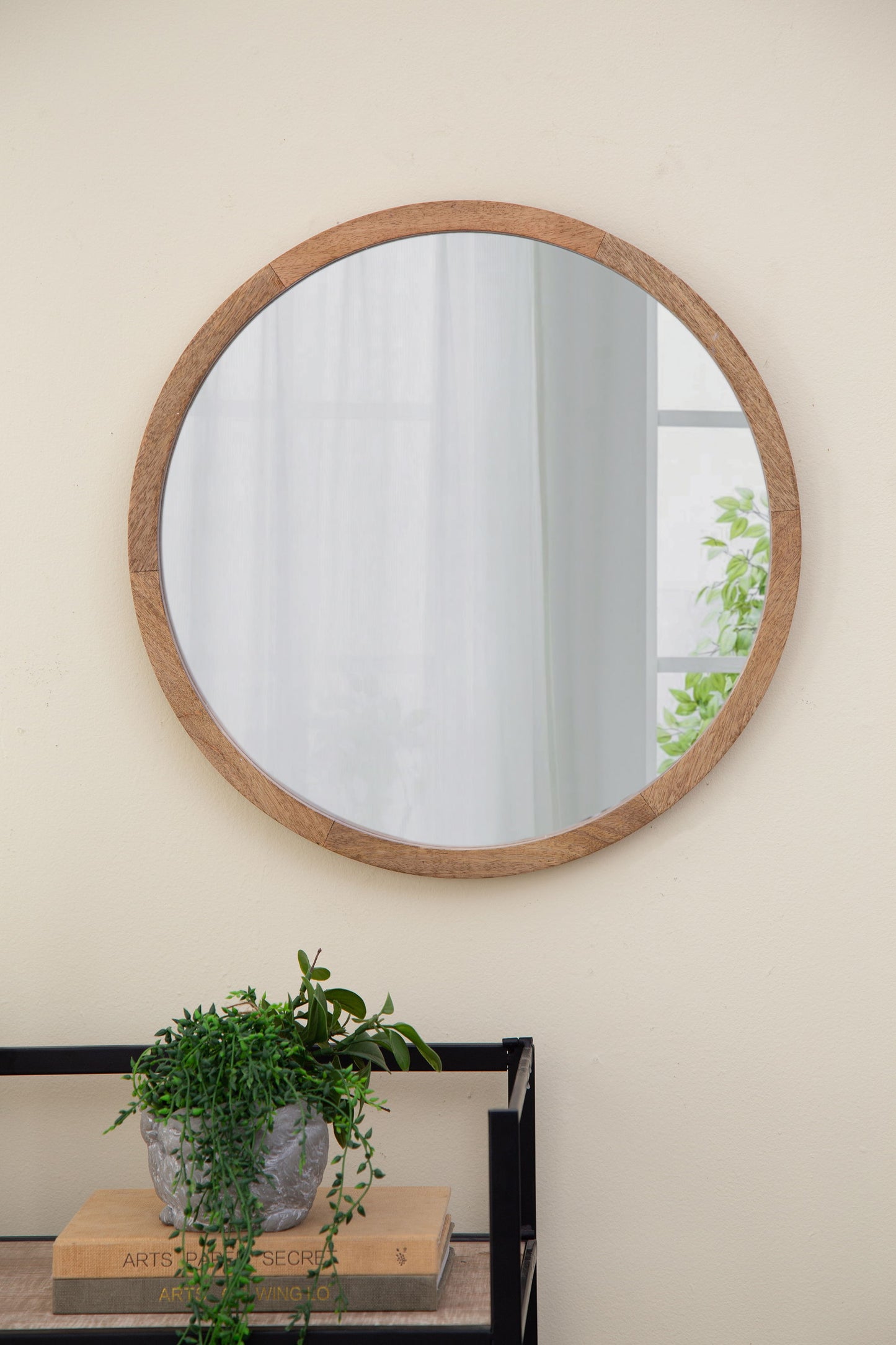 Circle Wall Mirror With Wooden Frame, Wall Mirror For Living Room - Brown