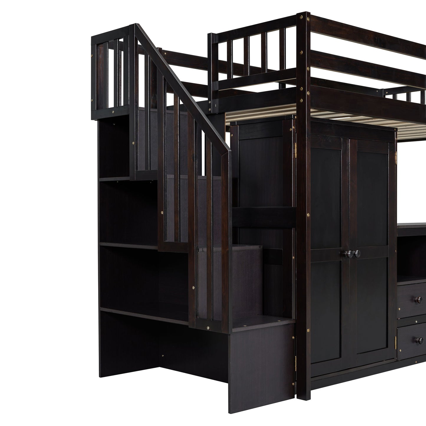 Twin Size Loft Bed With Stairs, Bookshelf, Drawers, Desk & Wardrobe, Space Saving Multifunctional Furniture - Espresso
