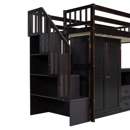 Twin Size Loft Bed With Stairs, Bookshelf, Drawers, Desk & Wardrobe, Space Saving Multifunctional Furniture - Espresso