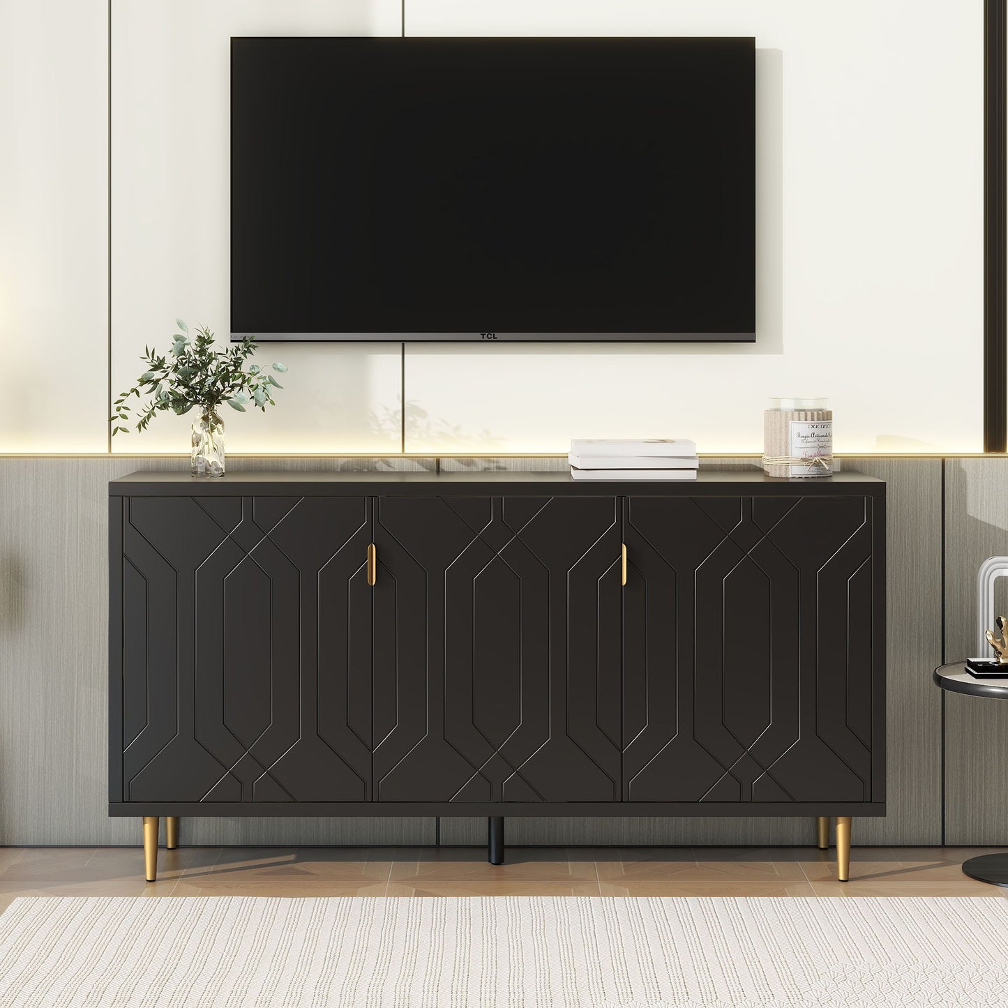 Modern TV Stand With 3 Doors And Adjustable Shelves For Living Room, Fits TVs Up To 70" - Black