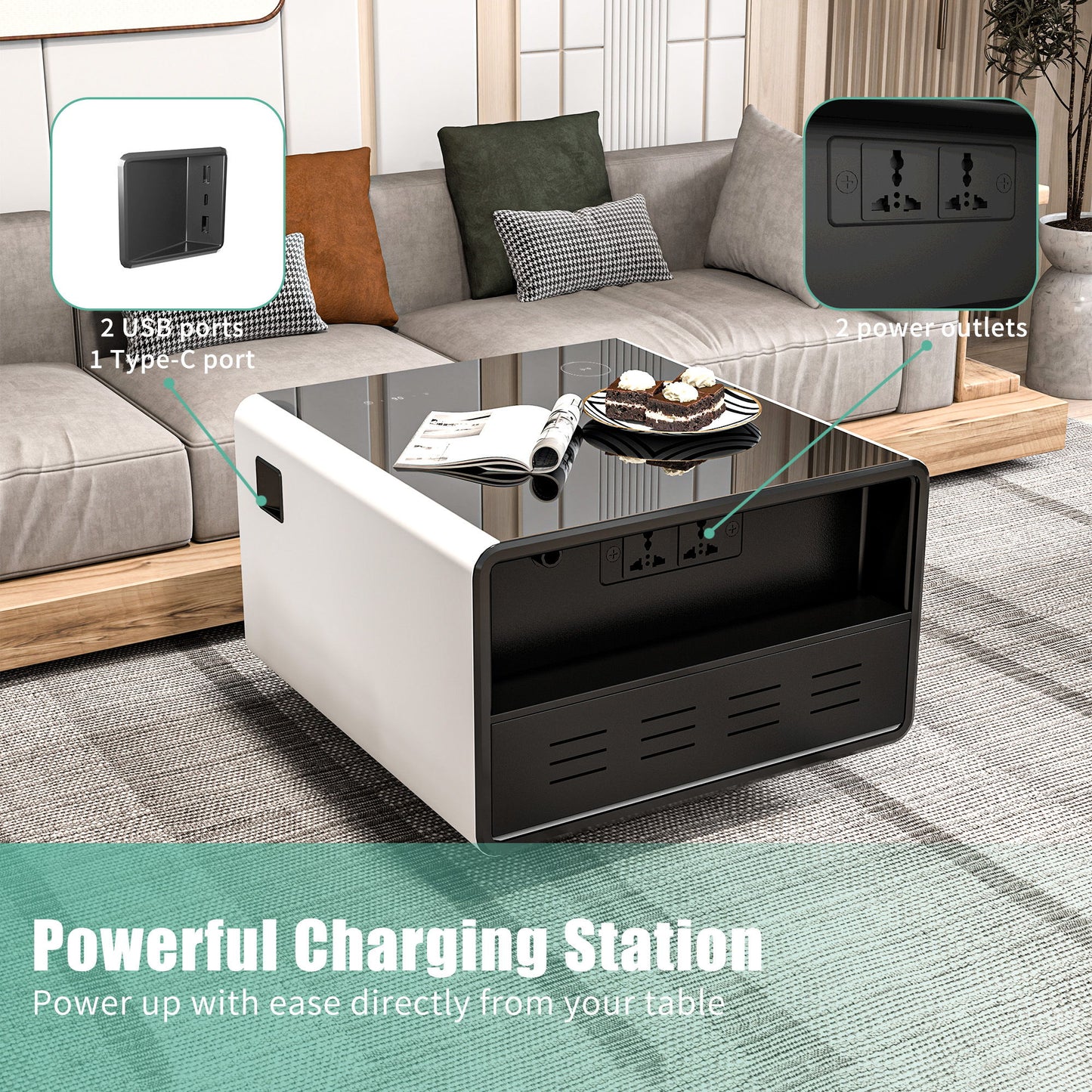 Modern Smart Side Table With Built-In Fridge, Wireless Charging, Temperature Control, Power Socket, USB Ports, Outlet Protection, Induction Light - White