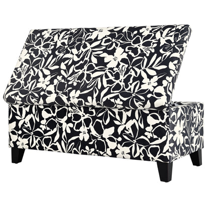 Luxury Storage Ottoman With Floral Patterned Fabric, Soft Close Hinges, Multi Functional Footrest & Seat - Black Floral / White