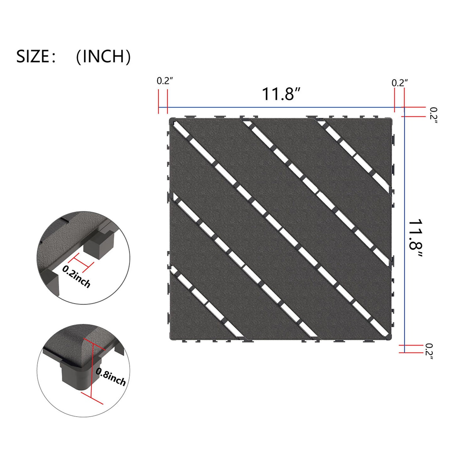 Durable Plastic Interlocking Deck Tiles, 44 Pack, Waterproof Outdoor And Indoor Use, 12" X 12" - Dark Gray