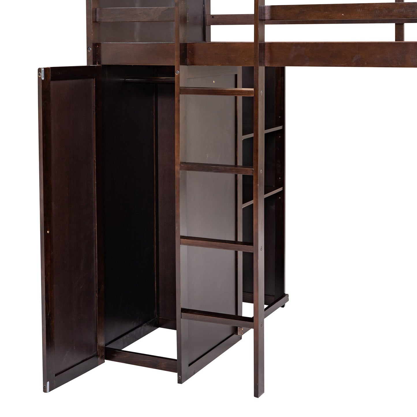 Twin Size Loft Bed With A Stand Alone Bed, Shelves, Desk, And Wardrobe - Espresso
