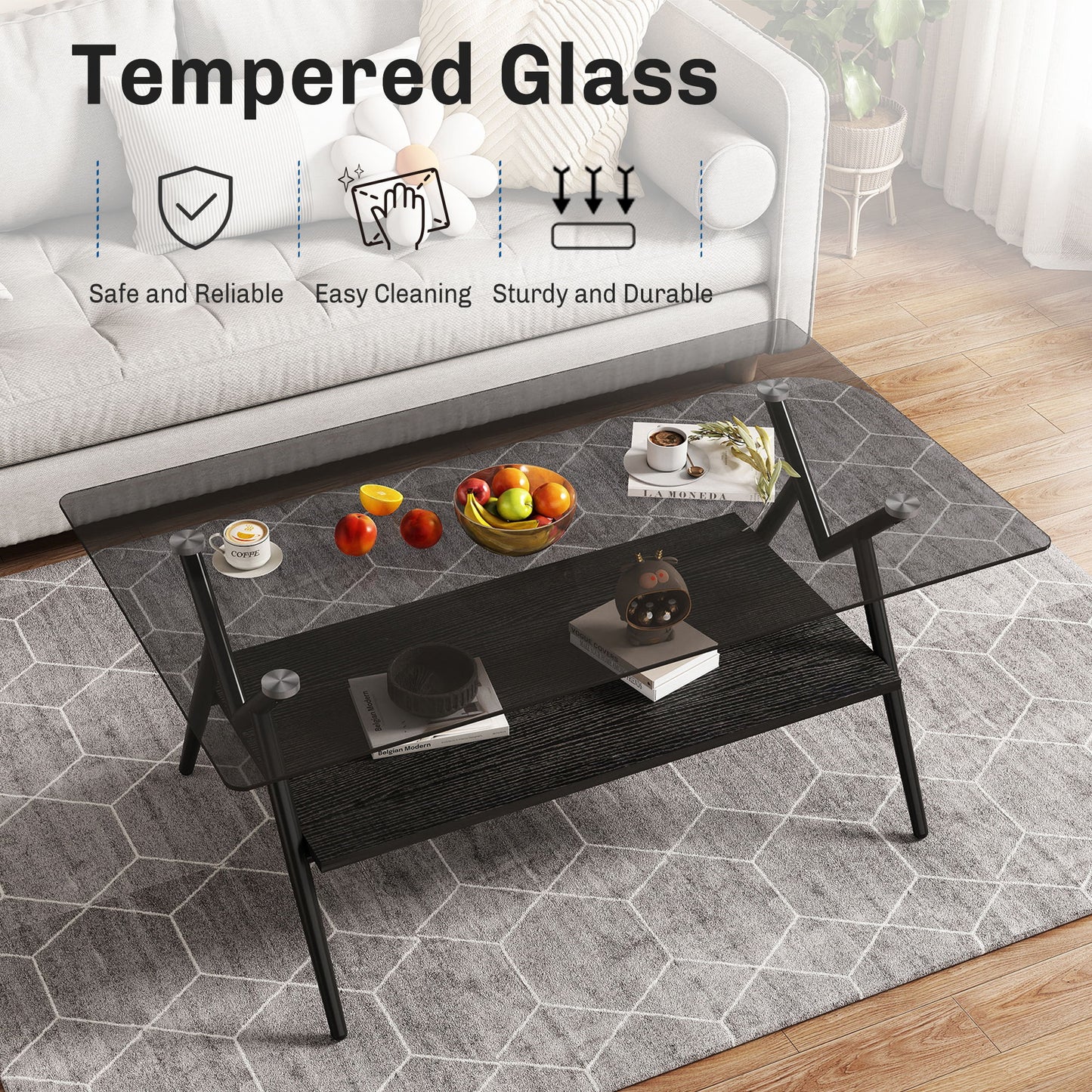 Rectangle Coffee Table With Tempered Glass Top And Black MDF Shelf, Modern Table For Living Room - Gray