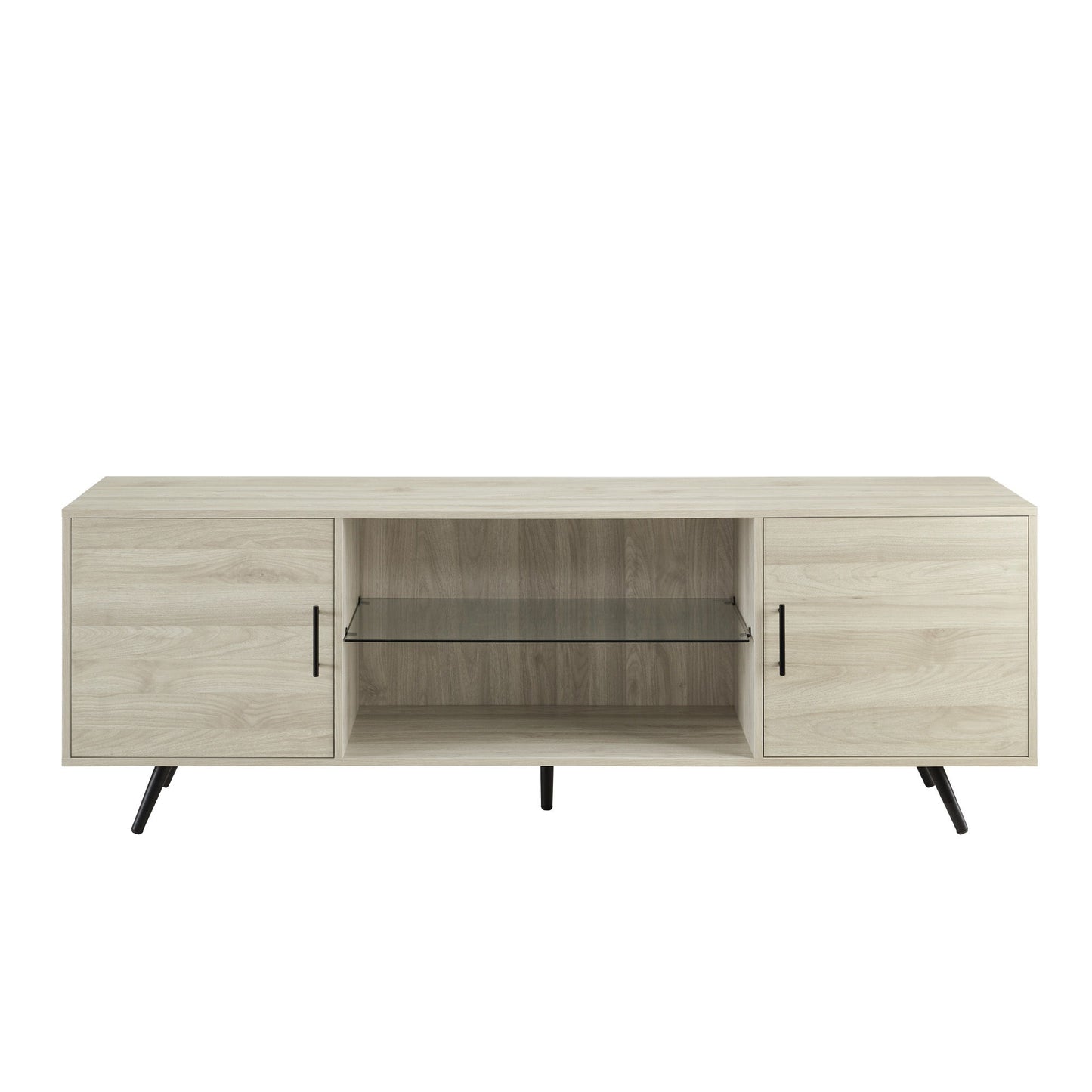 Mid-Century Modern 2 Door 70" TV Stand For 80" TVs With Glass Shelf - Birch