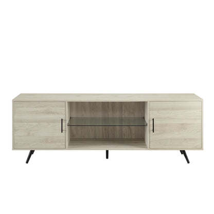 Mid-Century Modern 2 Door 70" TV Stand For 80" TVs With Glass Shelf - Birch