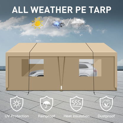 Carport, 10x20 Heavy Duty Portable Carport Garage Tent For Outdoor Storage Shelter - Khaki