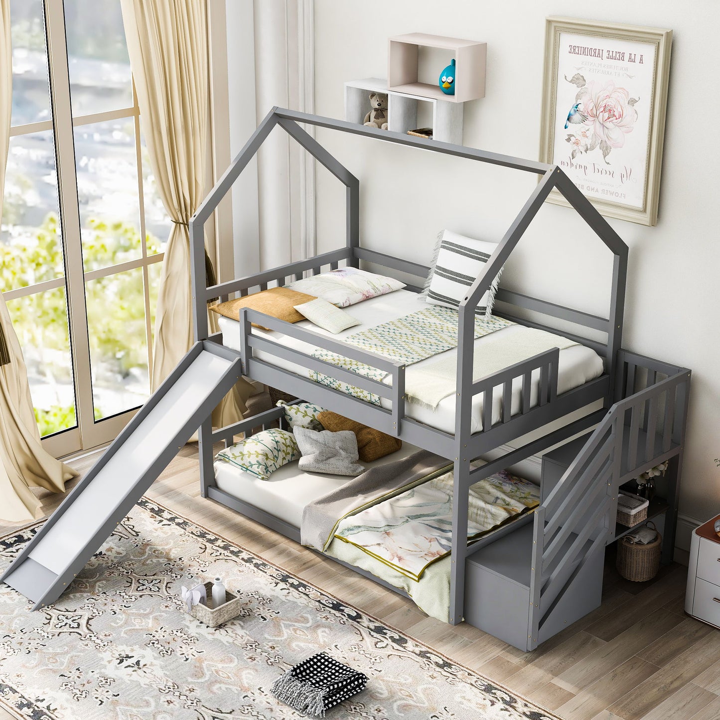 Twin Over Twin House Bunk Bed With Convertible Slide, Storage Staircase Can Be Placed Left Or Right - Gray