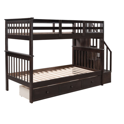 Stairway Twin Over Twin Bunk Bed With Three Drawers For Bedroom - Espresso