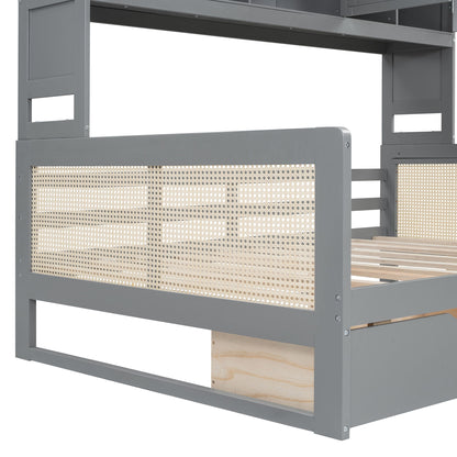 Full Size Wooden Daybed With 2 Drawers, And All In One Cabinet And Shelf - Gray