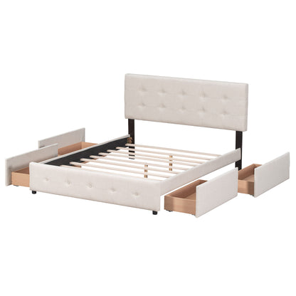 Queen Size Upholstered Platform Bed With Classic Headboard And 4 Drawers, No Box Spring Needed - Beige