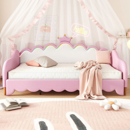 Twin Extending Daybed With LED Lights, Modern Upholstered Princess Daybed With Crown Headboard - Pink