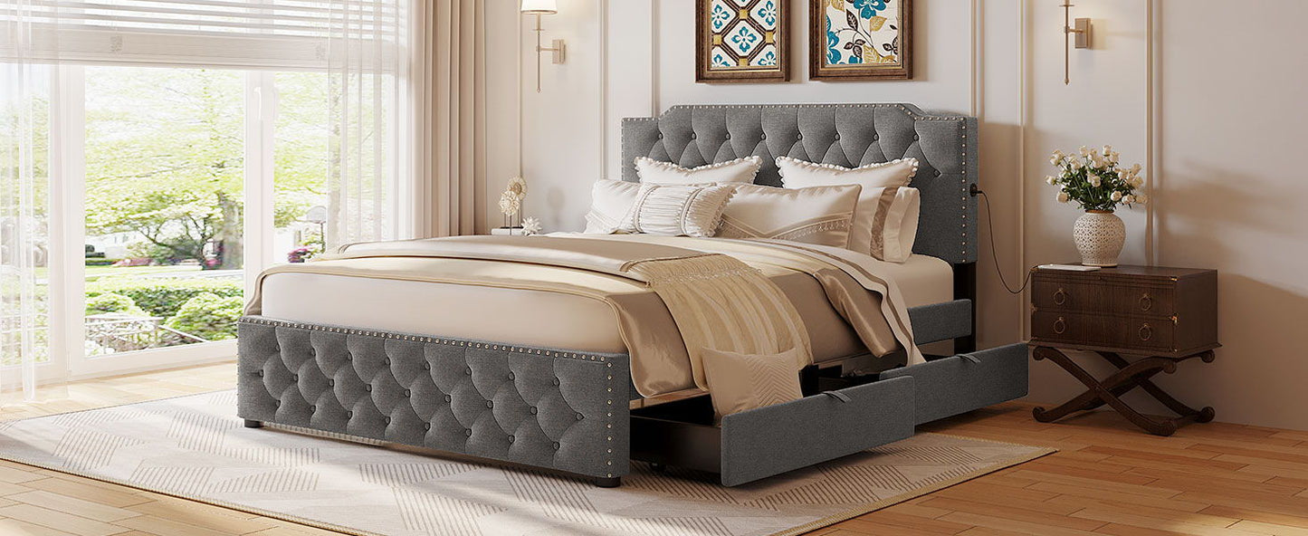 Queen Size Upholstered Platform Bed With 2 Drawers And 2 Sets Of USB Ports On Each Side - Gray