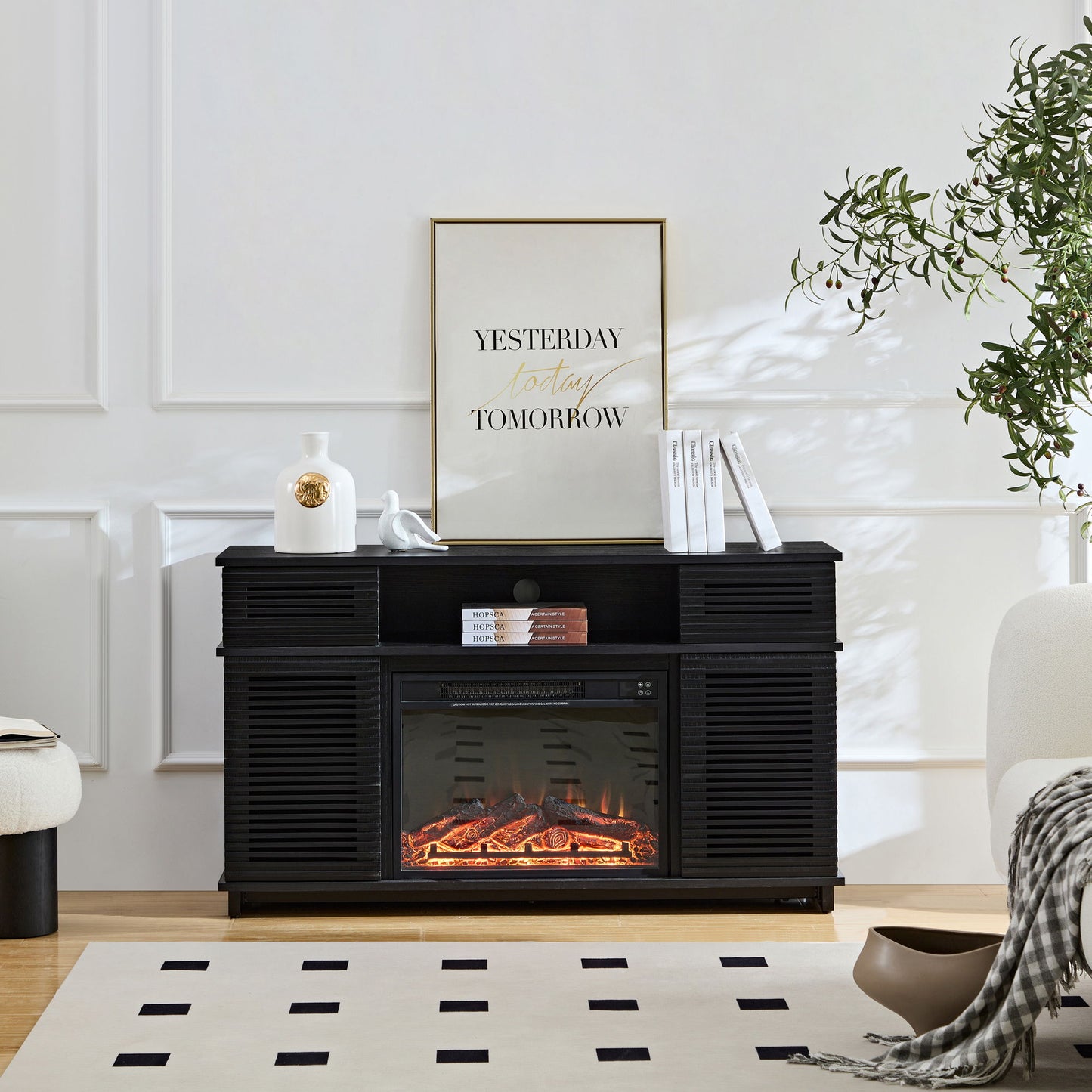 Modern Wood Cabinet With Adjustable Shelves And Embedded Fireplace With Remote Control - Black Oak