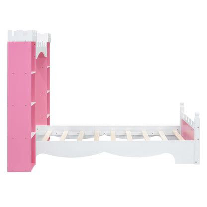 Castle Shaped Bed With Storage Shelf, Dreamy Twin Size Platform Bed For Kids Bedroom - Pink / White