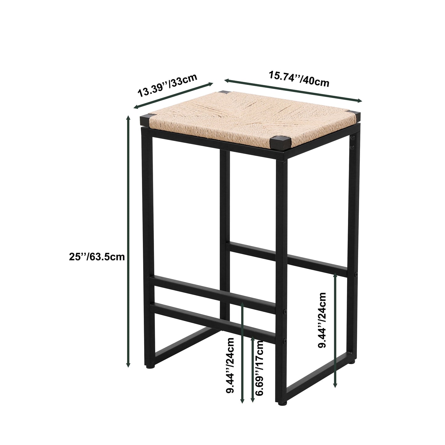 Boho Style Backless Bar Stools (Set of 2) With Paper Rope Woven Seat & Metal Frame For Kitchen Counter - Natural