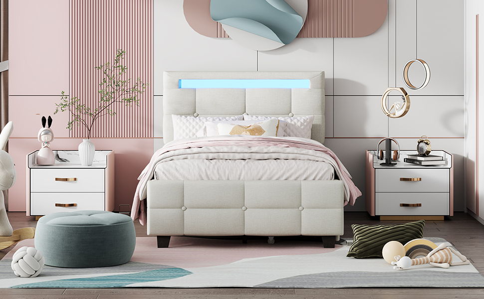 Twin Size Upholstered Platform Bed With LED Frame And 2 Drawers - Beige