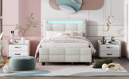 Twin Size Upholstered Platform Bed With LED Frame And 2 Drawers - Beige