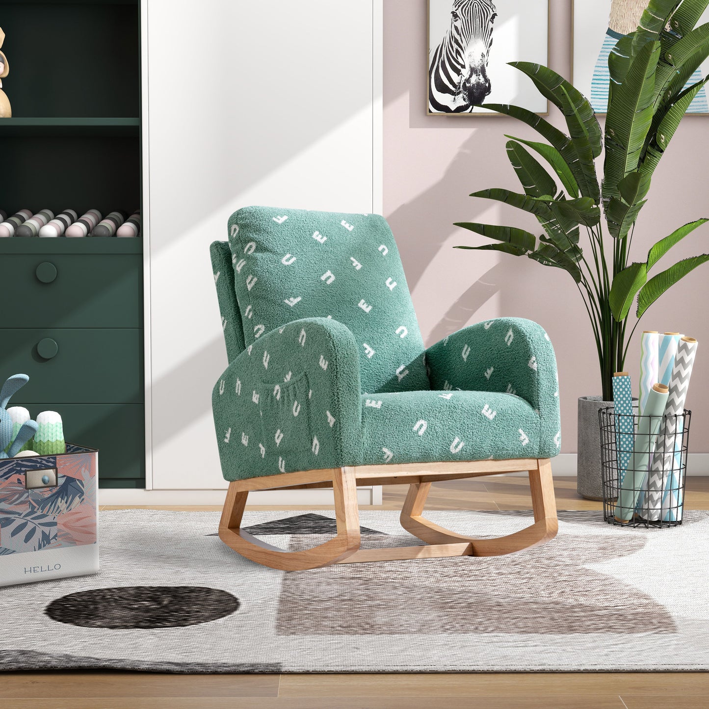 Modern Rocking Chair For Nursery, Mid Century Accent Rocker Armchair With Side Pocket, Upholstered High Back Wooden Rocking Chair For Living Room - Green