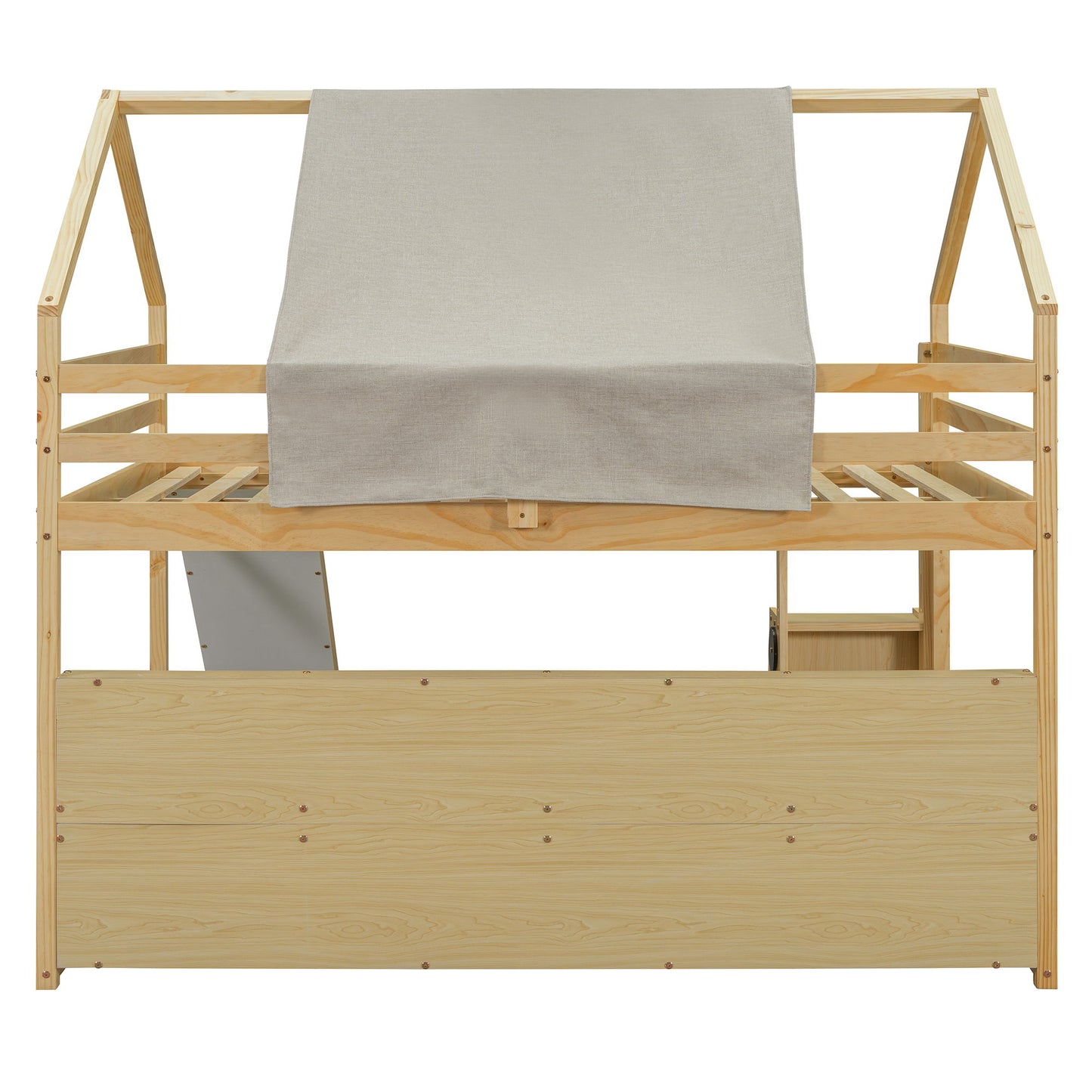Full Size Loft Bed House Shaped Frame With Tent - Natural / Beige