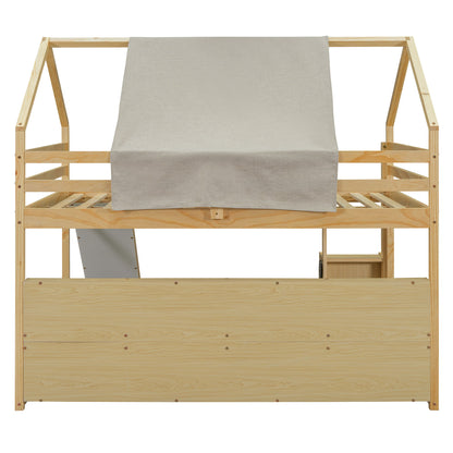 Full Size Loft Bed House Shaped Frame With Tent - Natural / Beige