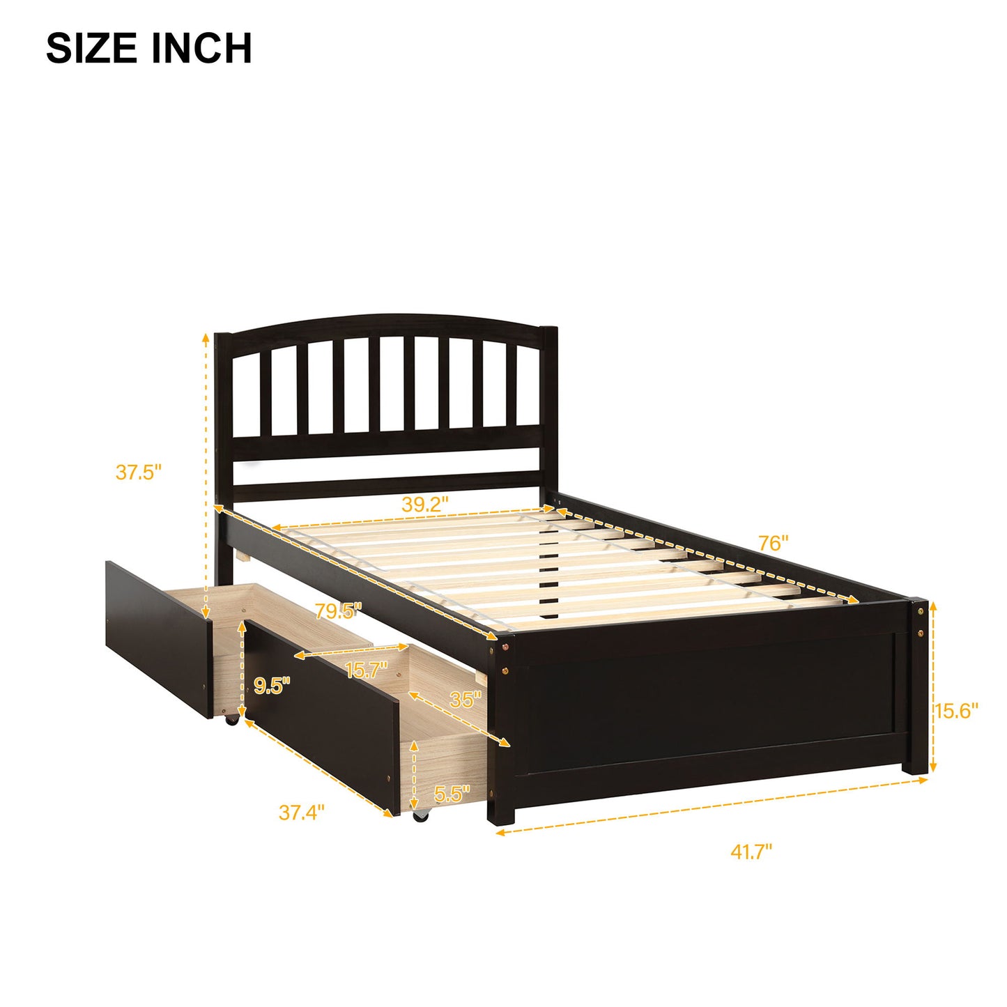 Twin Platform Storage Bed Frame With Two Drawers And Headboard - Espresso
