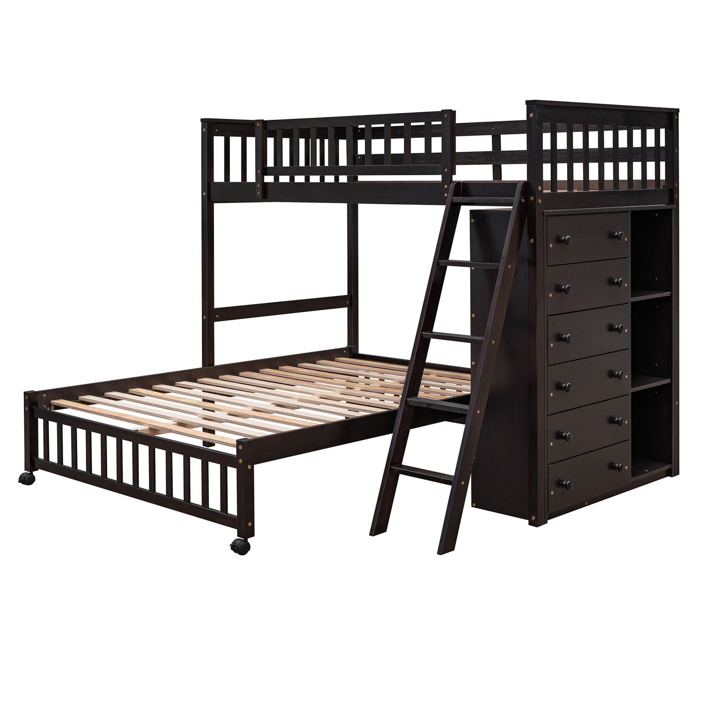 Twin Over Full Bunk Bed With 6 Drawers And Flexible Shelves, Bottom Bed With Wheels - Espresso