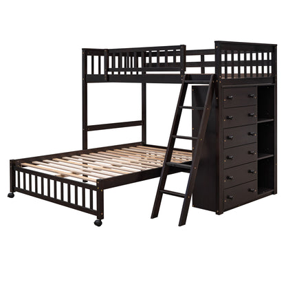 Twin Over Full Bunk Bed With 6 Drawers And Flexible Shelves, Bottom Bed With Wheels - Espresso