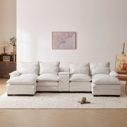 Modern U Shaped Sofa With Console, Cupholders And USB Ports, 6 Seat Upholstered Symmetrical Indoor Furniture, Sleeper Couch Set With Chaise - White