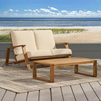 Paloma - Loveseat And Coffee Table Set With Adirondack Design Acacia Wood And Waterproof Fabric - Teak / Beige