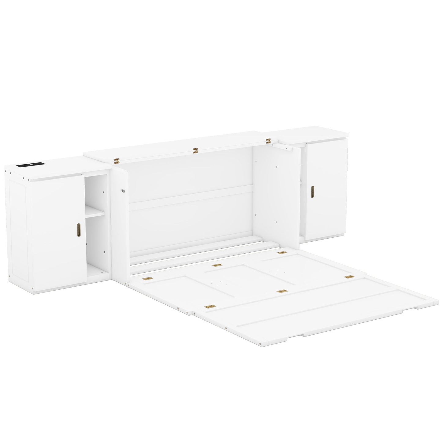 Queen Size Murphy Bed With Shelves, Cabinets And USB Ports - White