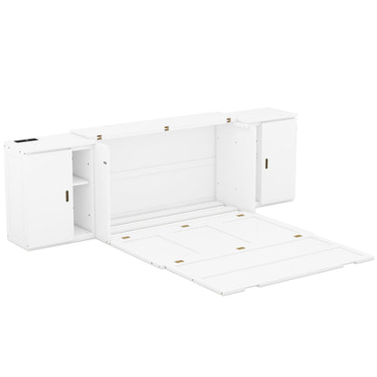 Queen Size Murphy Bed With Shelves, Cabinets And USB Ports - White