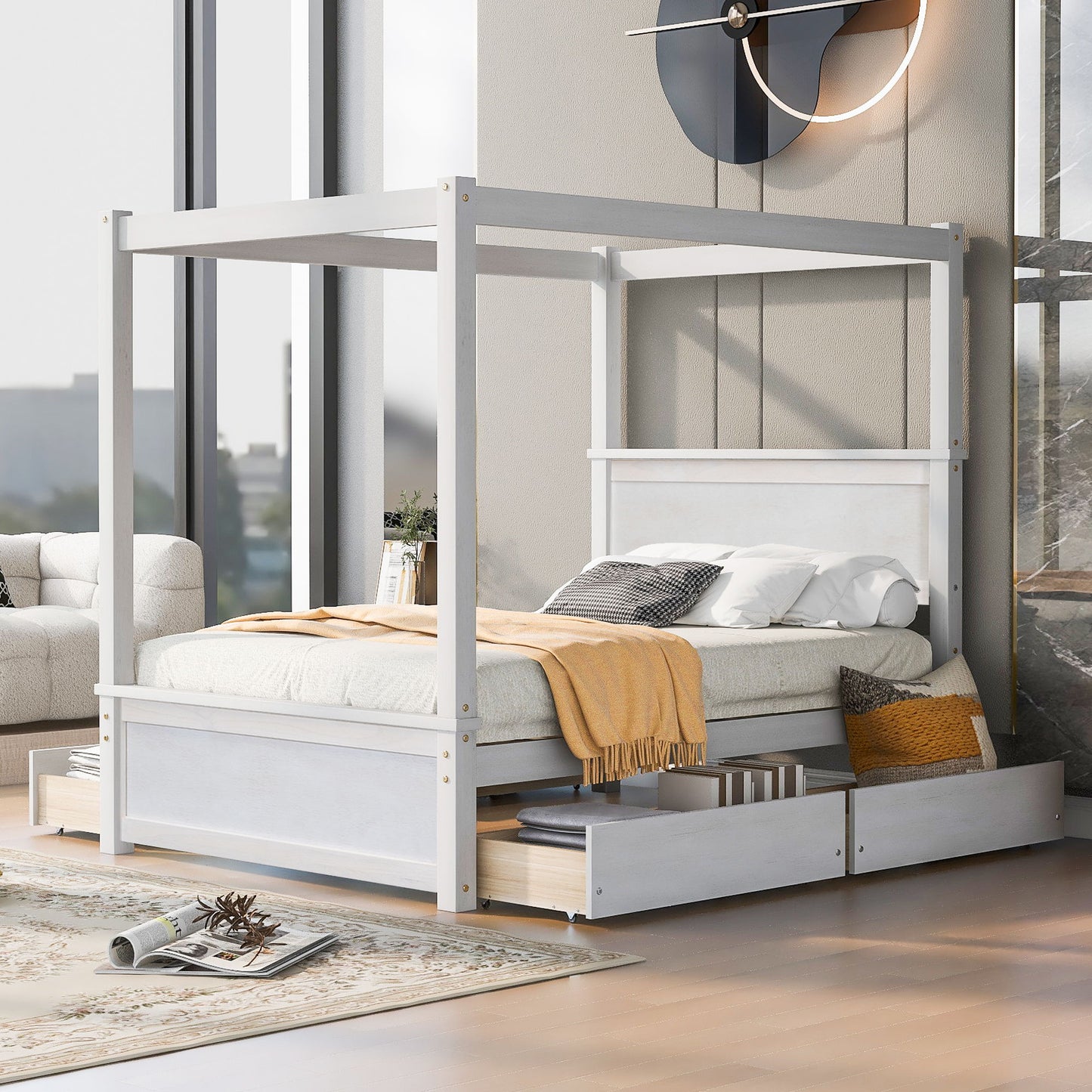 Full Size Canopy Platform Bed With 4 Drawers And Support Slats, No Box Spring Needed - Brushed White