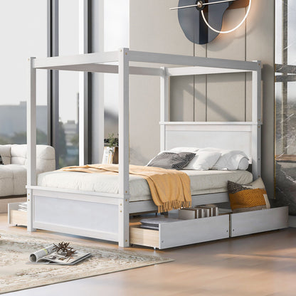 Full Size Canopy Platform Bed With 4 Drawers And Support Slats, No Box Spring Needed - Brushed White