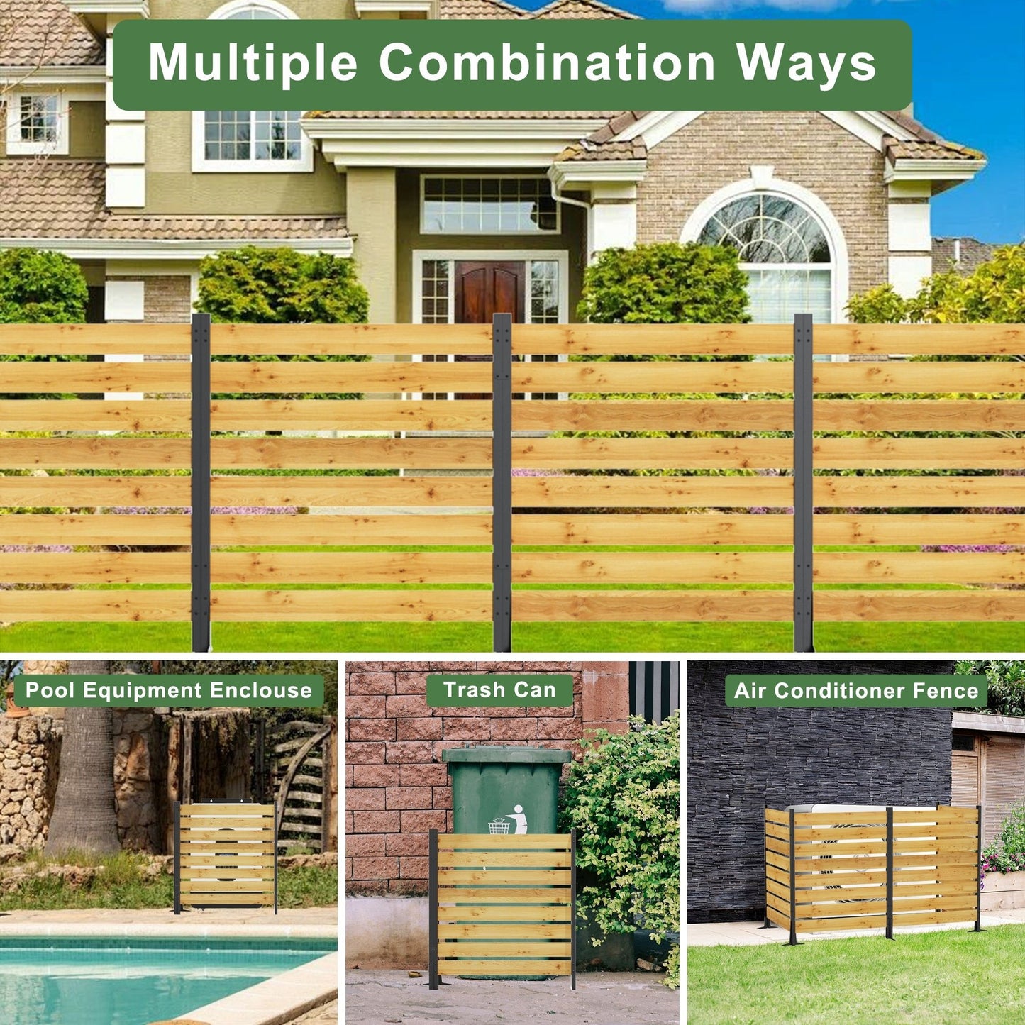 Goodyo - Outdoor Privacy Screen Cedar Wood And Aluminum Frame Fence For Pool Equipment And Trash Can Enclosures - Black / Natural