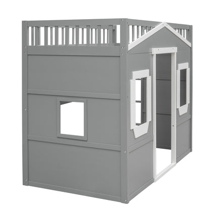 Twin Size House Loft Bed With Ladder - Gray / White