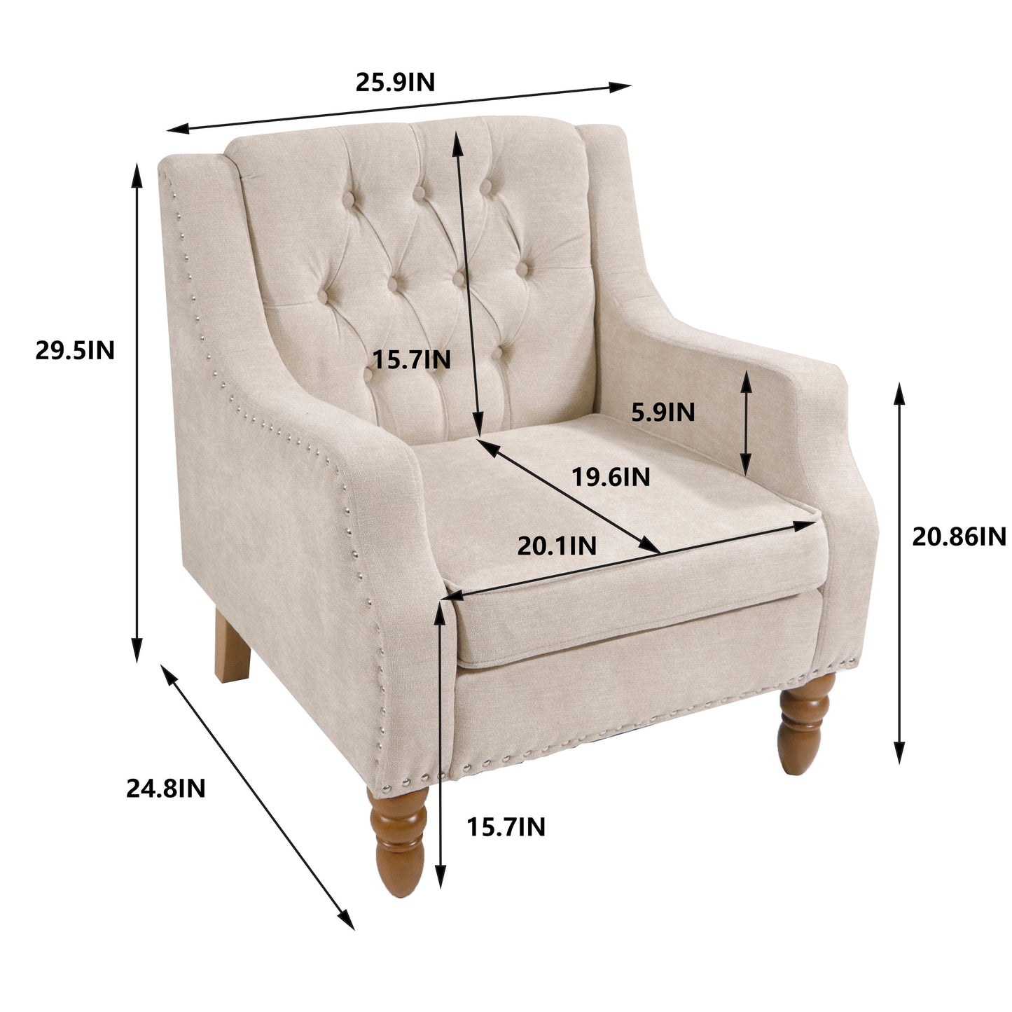Accent Chair, Living Room Chair, Footrest Chair Set With Vintage Brass Studs, Button Tufted Upholstered Armchair For Living Room, Comfy Reading Chair For Bedroom, Reception Room - Beige
