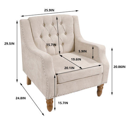 Accent Chair, Living Room Chair, Footrest Chair Set With Vintage Brass Studs, Button Tufted Upholstered Armchair For Living Room, Comfy Reading Chair For Bedroom, Reception Room - Beige
