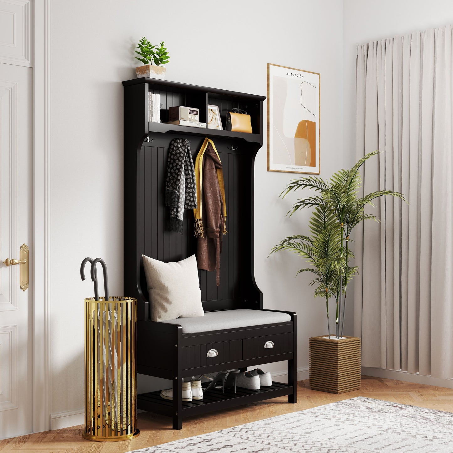 3 In 1 Wooden Hallway Hall Tree With Storage Drawers, Coat Rack, Shoe Rack Bench, And Cushion - Amber Graphite / Black