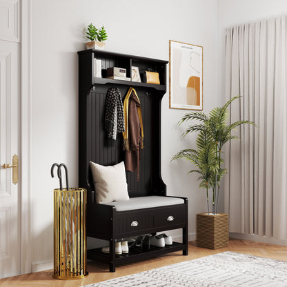 3 In 1 Wooden Hallway Hall Tree With Storage Drawers, Coat Rack, Shoe Rack Bench, And Cushion - Amber Graphite / Black