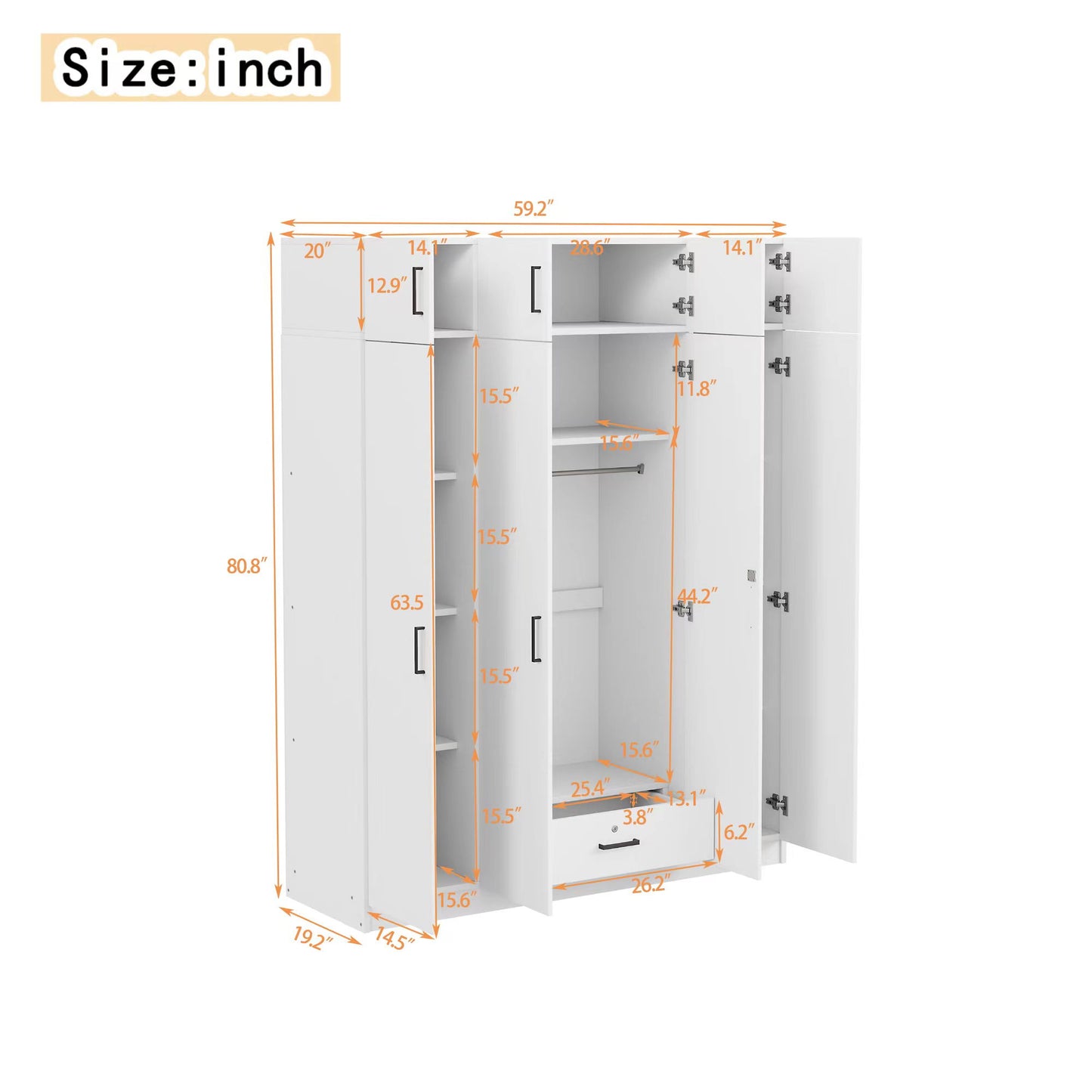 Contemporary 4 Door Wardrobe With Drawer And Top Cabinet - White