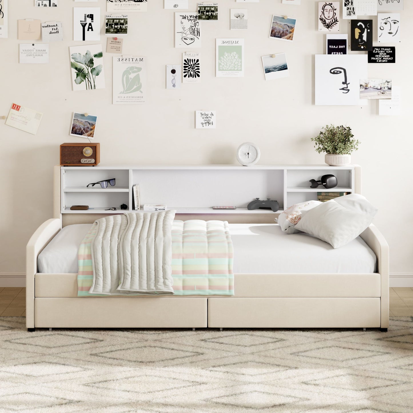 Twin Size Luxurious Upholstered Platform Bed With Storage Drawers - Beige