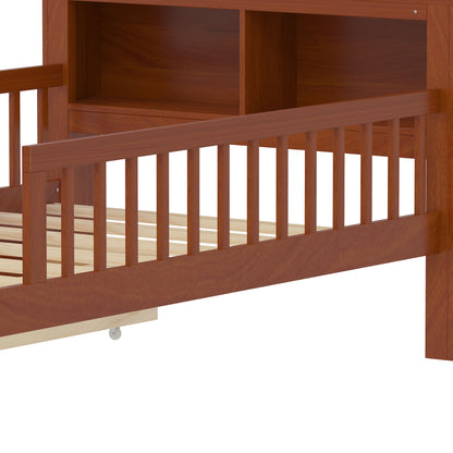 Twin Size Bed With Headboard Storage Rack, 2 Under Bed Drawers, 3 - Side Guardrails For Safety And Security - Walnut