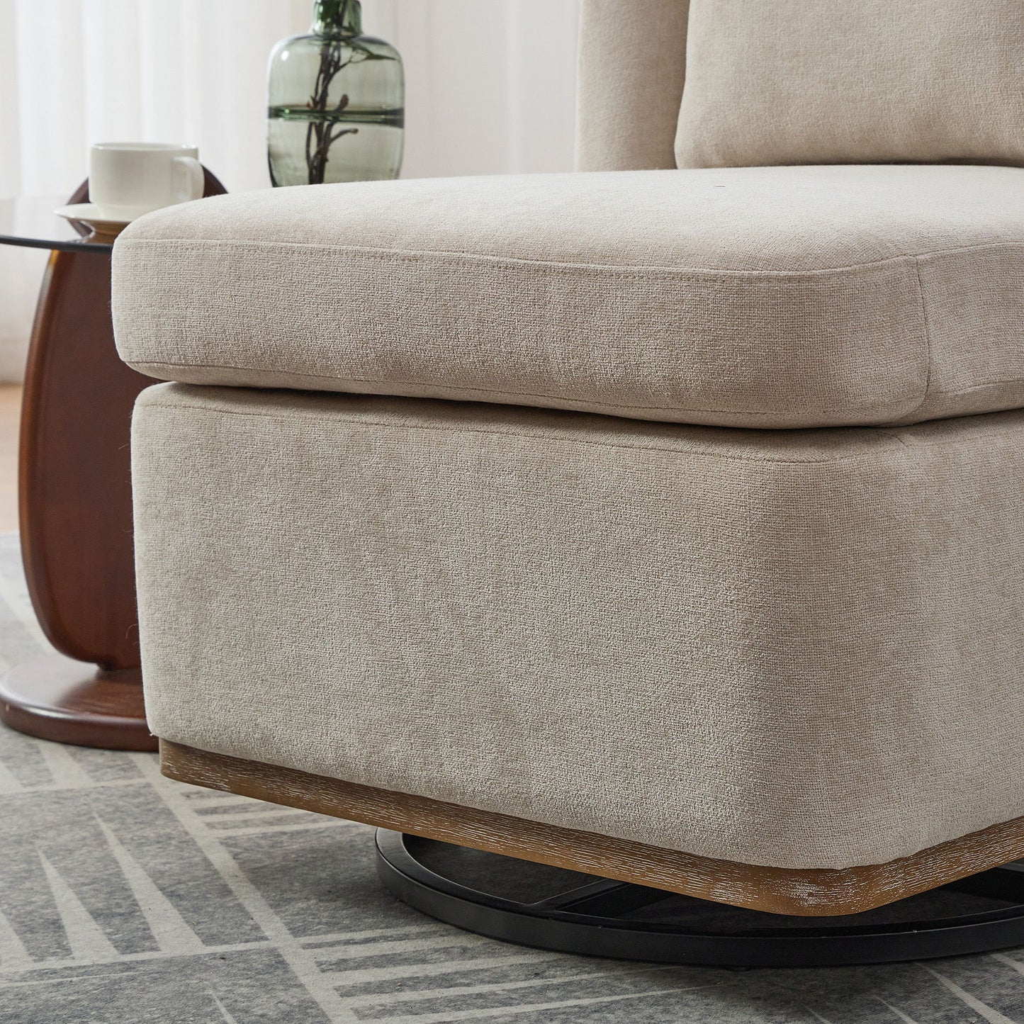 Modern Cushioned Armless Metal Base 360 Degree Swivel Chair With Pillow, Suitable For Living Room, Family Room, Bedroom, Lounge Area, Office - Beige