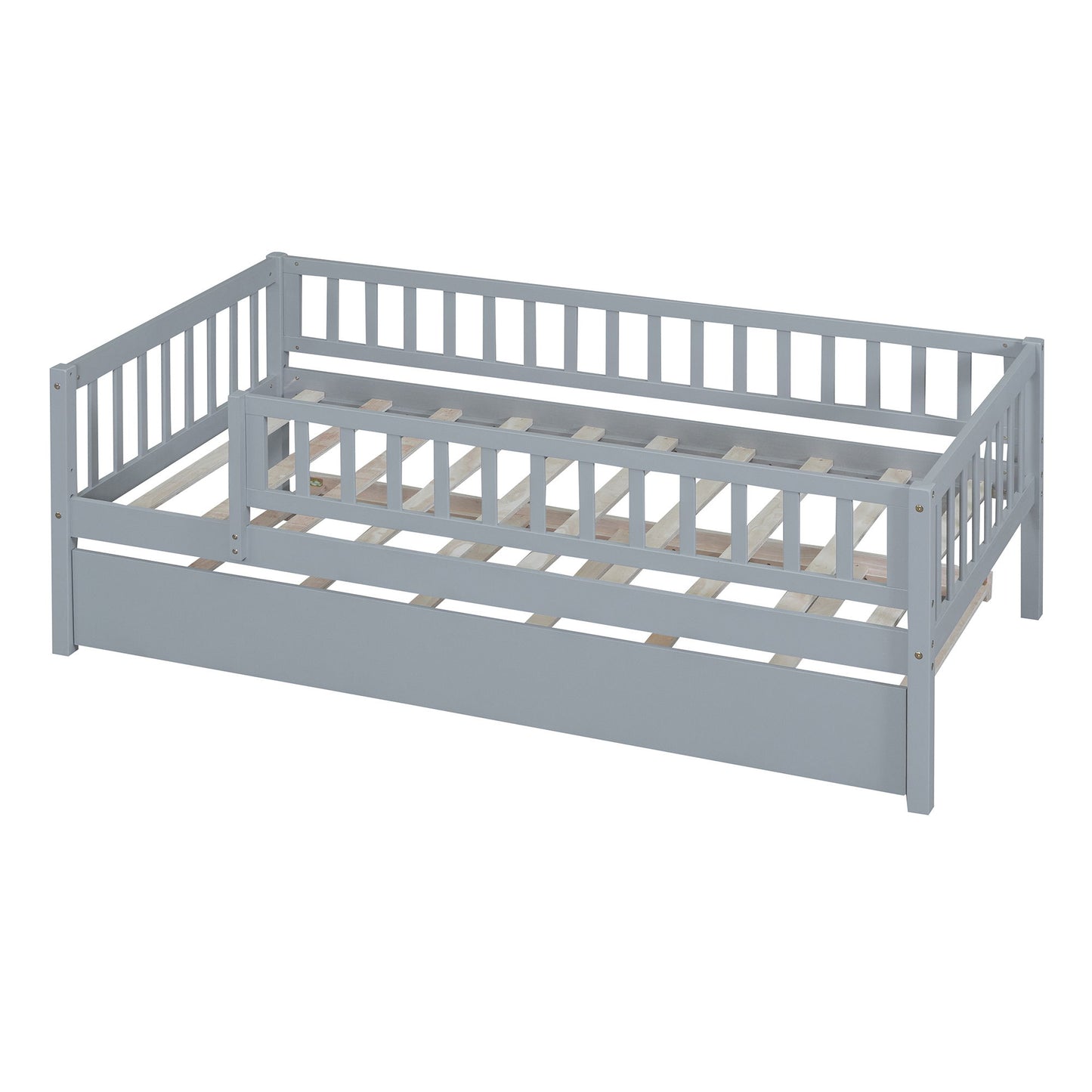 Twin Size Daybed With Trundle And Fence Guardrails - Gray